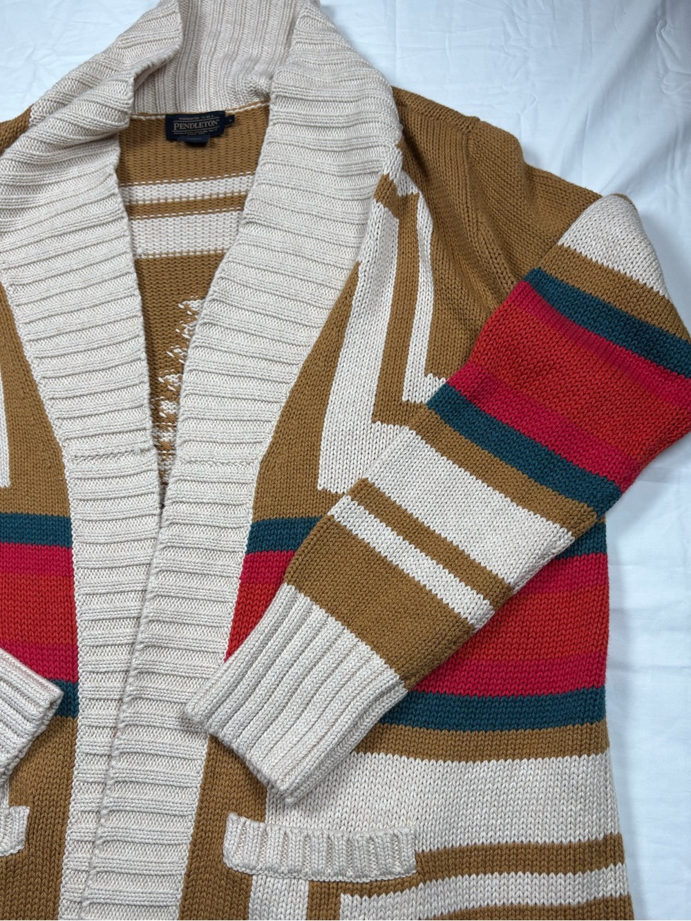 Pendleton Camel Shawl-Collar Cardigan with Red and Teal Stripe Accents - Picture 5 of 12